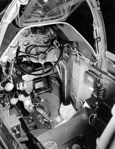 View inside P-38 cockpit from left wing. Note the early style yoke. 